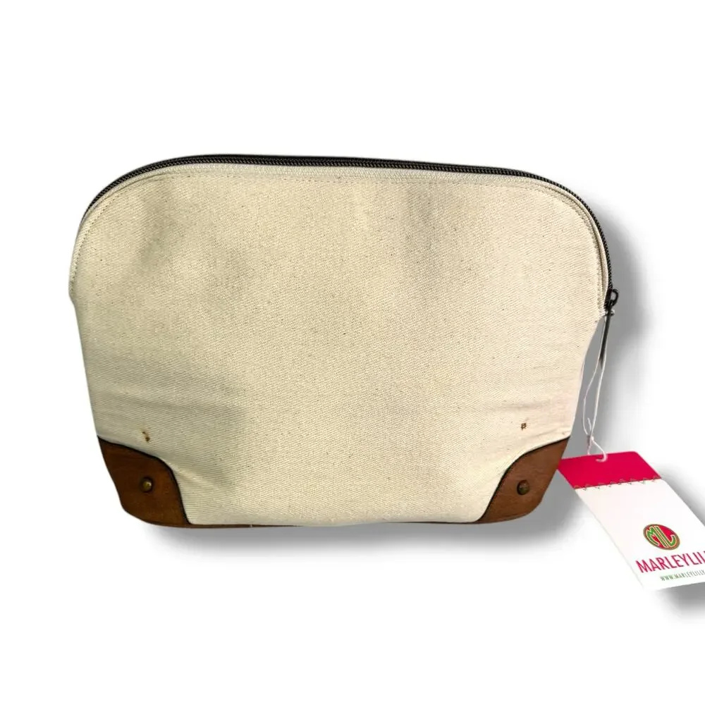 Marley Lilly Canvas & Leather Zip Pouch Cosmetic Case Travel Bag Vintage Look